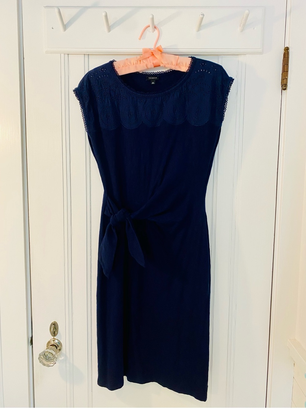 Talbots Navy Cotton Shift Dress with Side Tie and Cutwork Detail  XS